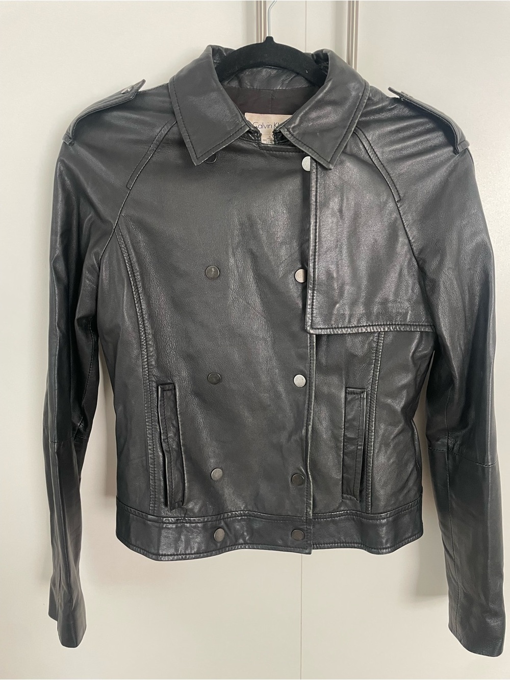 Calvin Klein Black Double-Breasted Leather Jacket with Epaulets Size Small